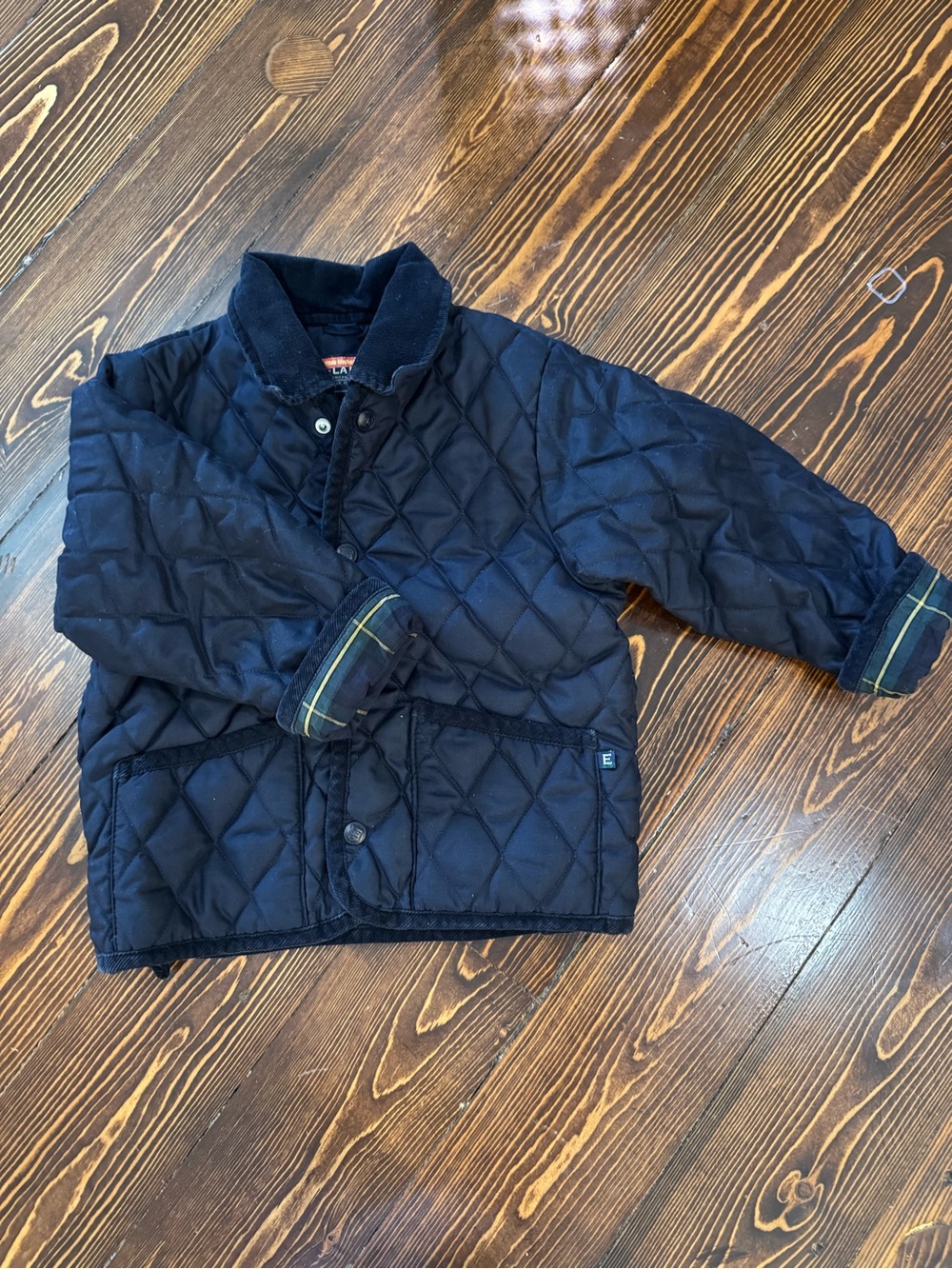 Children's Quilted Navy Puffer Jacket with Corduroy Collar